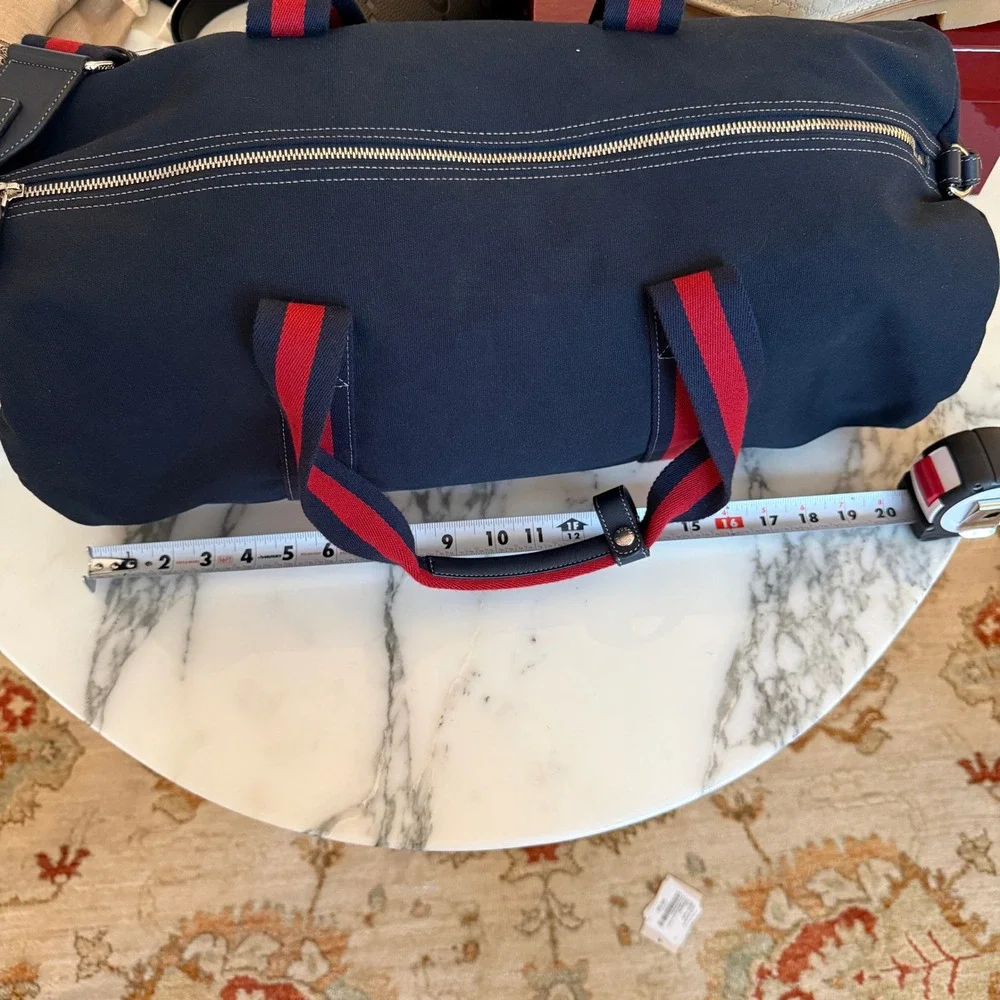 Gucci 816866 Duffle Bag Navy Canvas Red Blue Web Stripe Travel Weekend Bag